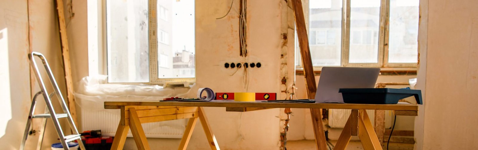 panoramic view of room with tools, ladder and laptop during renovation of home